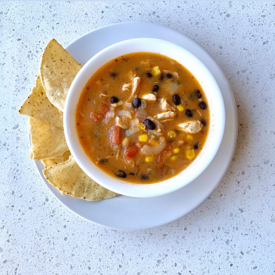Overhead view of a bowl of Sumatra Café's chicken tortilla soup with tortilla chips on a white plate.